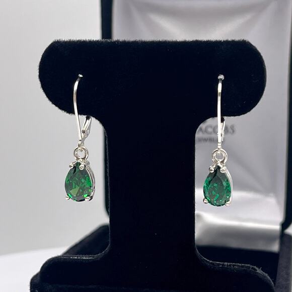 Beautiful 3ctw Pear Cut Emerald Earrings in Sterling Silver Dangle Leverbacks - Picture 5 of 10